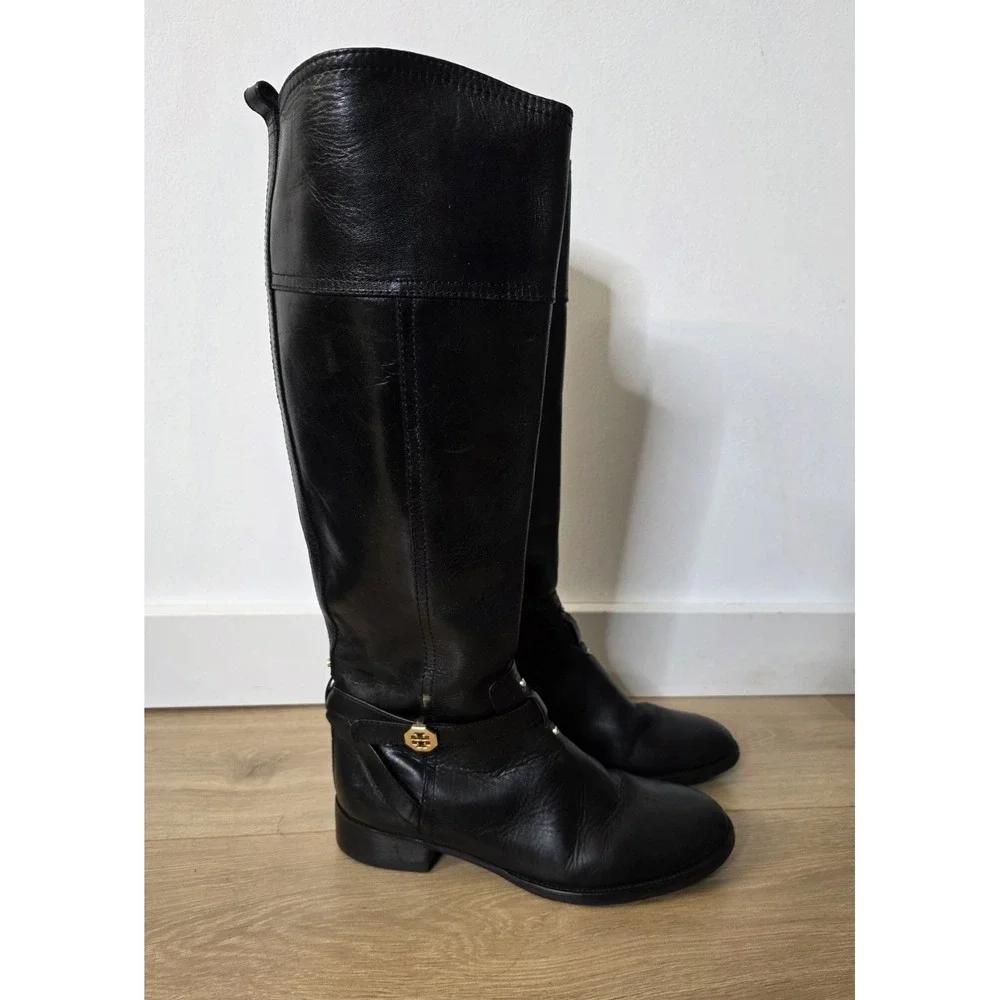 Tory Burch Brita Black Leather Tall Riding Boots Women's Size 7M Gold Hardware